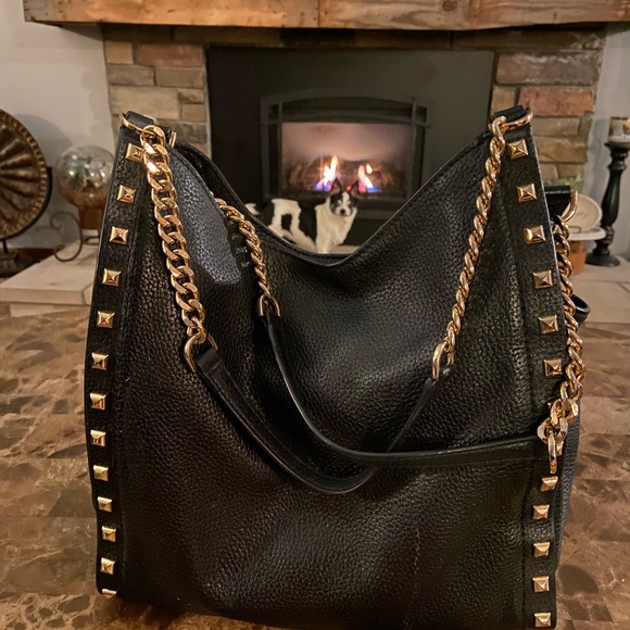 Michael Kors gold metal w/ black pebbled leather bag satchel Medium size - Picture 2 of 8